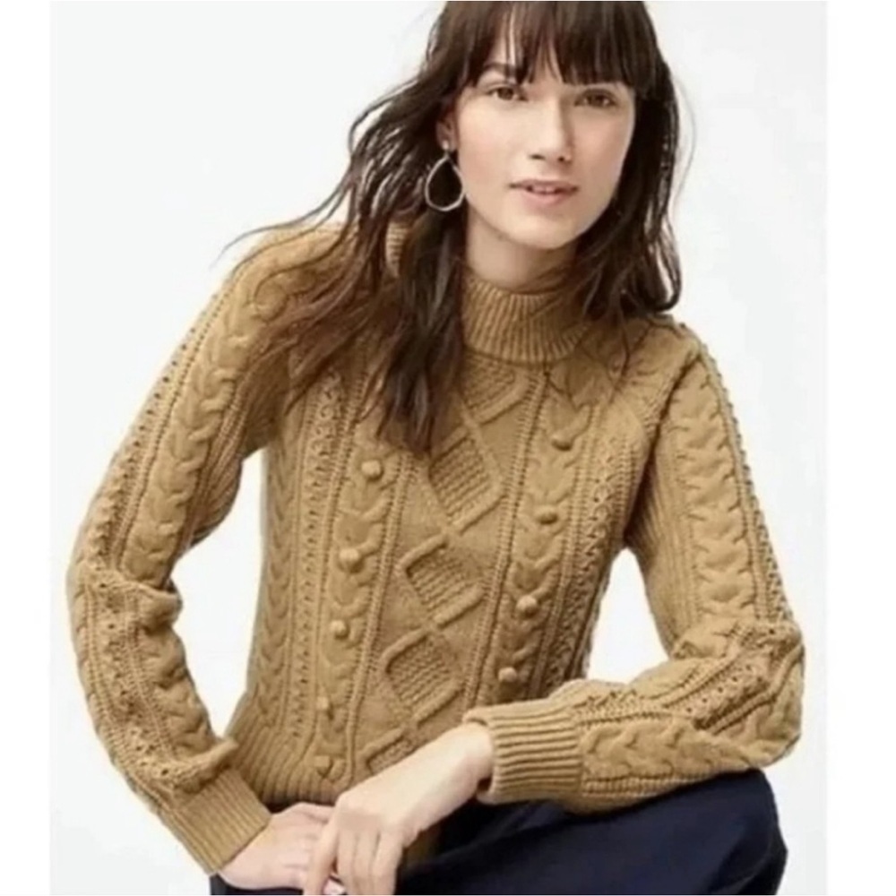 J. Crew Azra Chunky Cable Knit Pom-Pom Mock Pullover Sweater Preppy Tan 3X